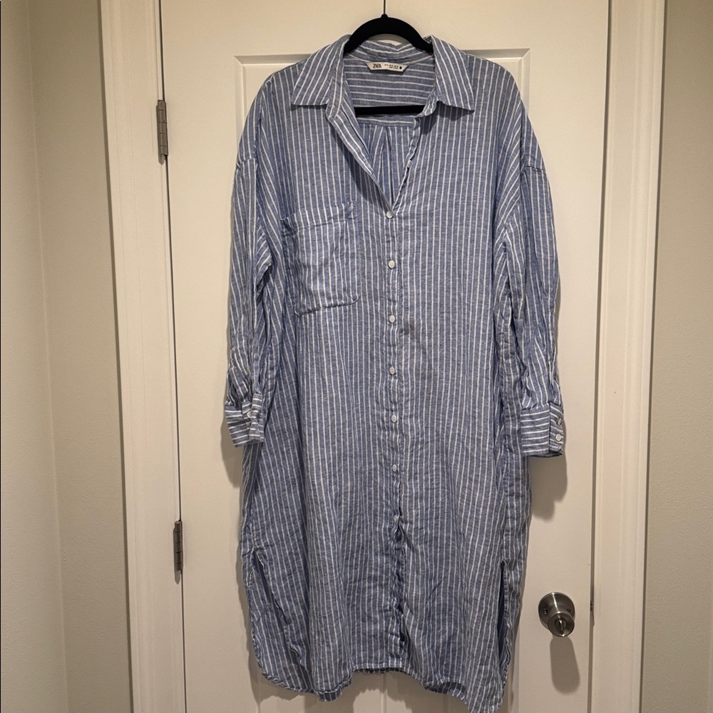 Zara Blue Striped Button-Up Shirt Dress